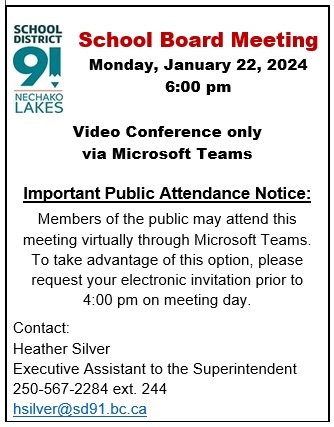 School Board Meeting Announcement January 22 2024